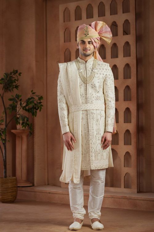 Picture of Superb Art Silk Cream Wedding Sherwani
