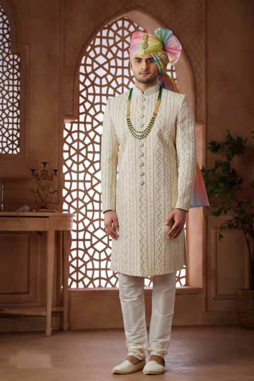 Picture of Alluring Art Silk Cream Wedding Sherwani