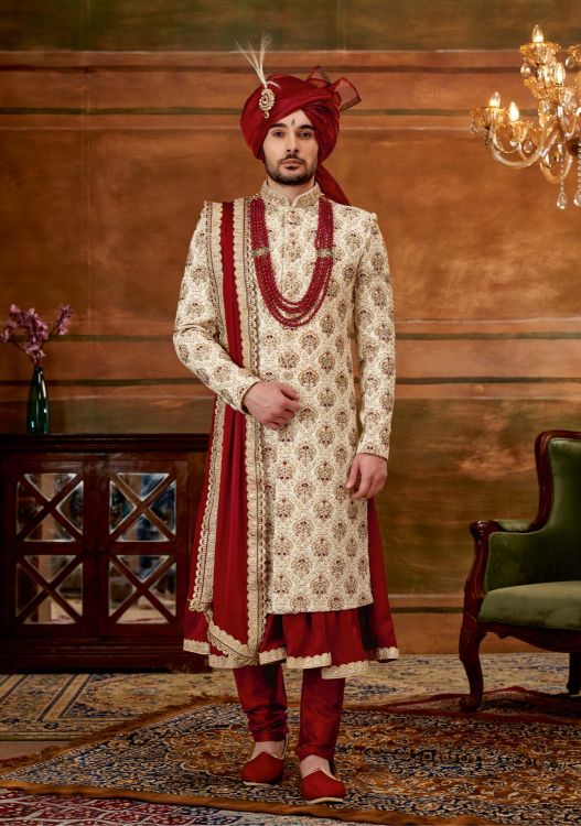 Picture of Ideal Art Embroidered Silk Cream Wedding Sherwani