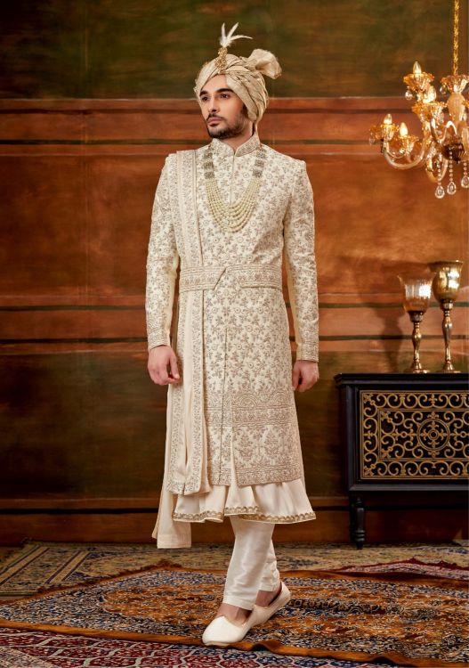 Picture of Resplendent Art Silk Cream Wedding Sherwani