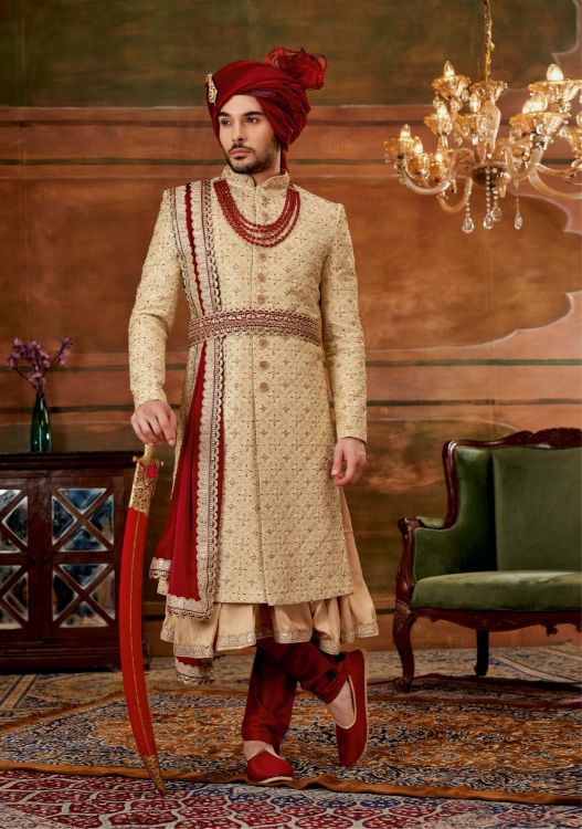 Picture of Grand Art Embroidered Silk Gold Wedding Sherwani