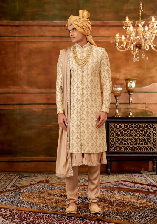 Picture of Beauteous Art Embroidered Silk Gold Wedding Sherwani