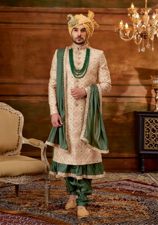 Picture of Graceful Art Embroidered Silk Gold Wedding Sherwani