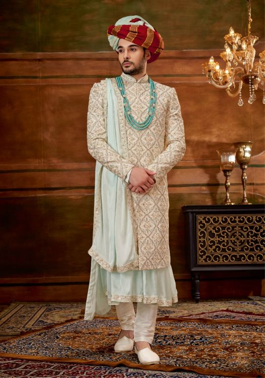 Picture of Bewitching Art Silk Cream Wedding Sherwani