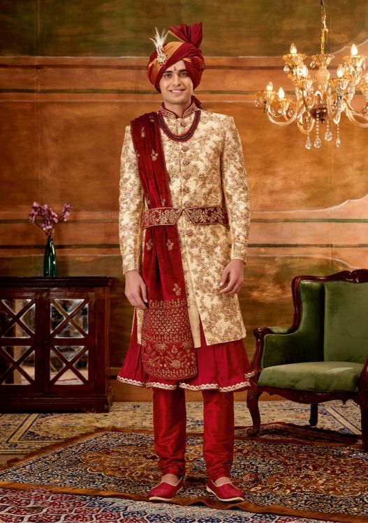 Picture of Shapely Jacquard Gold Wedding Sherwani