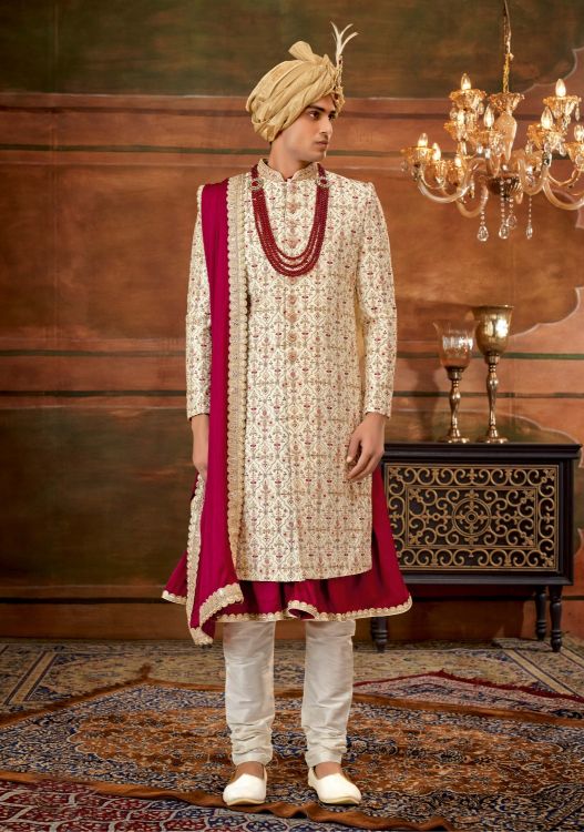 Picture of Beauteous Art Embroidered Silk Cream Wedding Sherwani