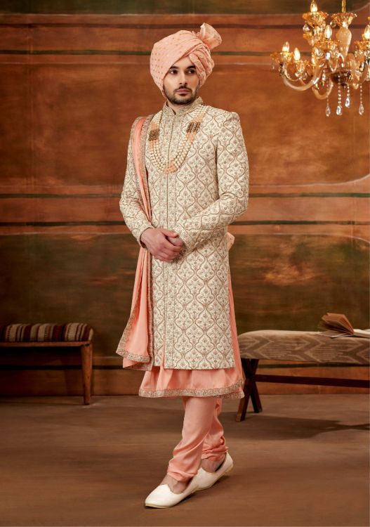 Picture of Grand Art Embroidered Silk Cream Wedding Sherwani