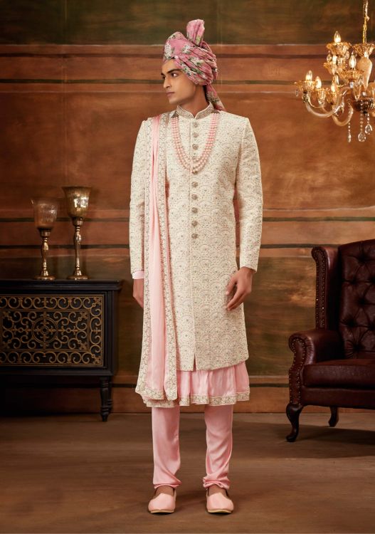 Picture of Enticing Art Embroidered Silk Cream Wedding Sherwani