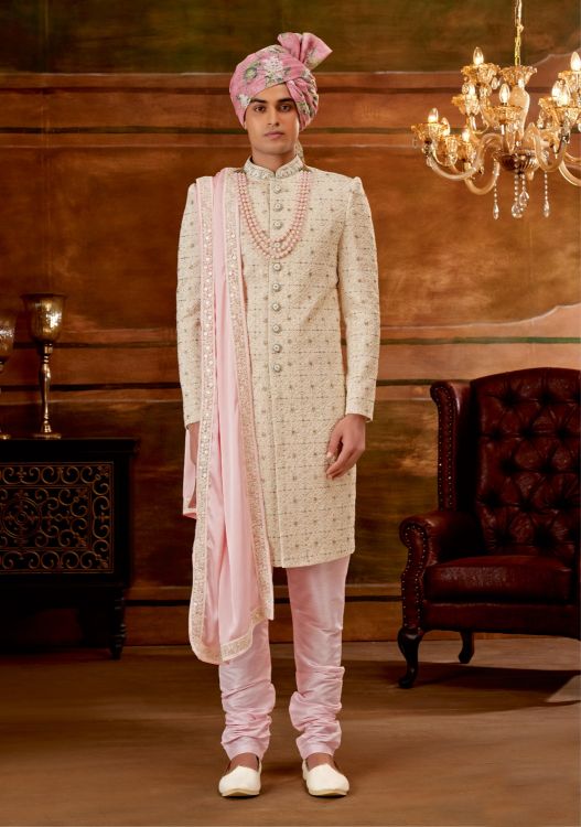Picture of Nice Art Embroidered Silk Cream Wedding Sherwani