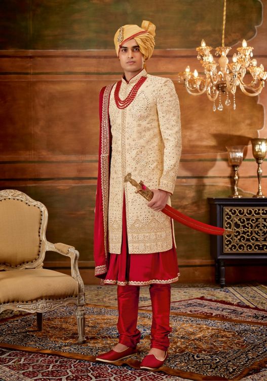 Picture of Pleasing Art Silk Gold Wedding Sherwani