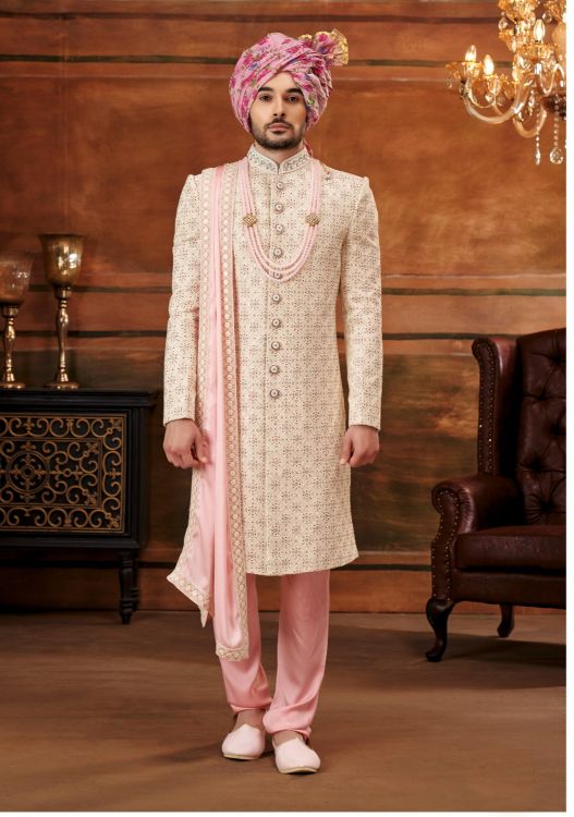 Picture of Splendid Georgette Cream Wedding Sherwani