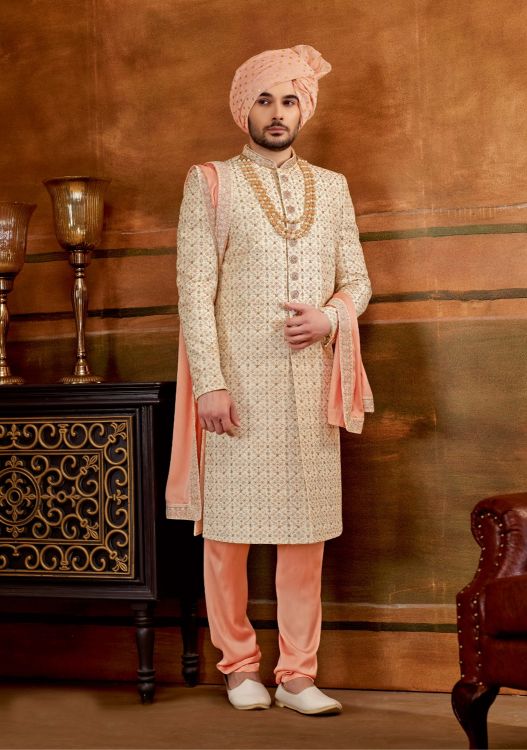 Picture of Grand Art Embroidered Silk Cream Wedding Sherwani