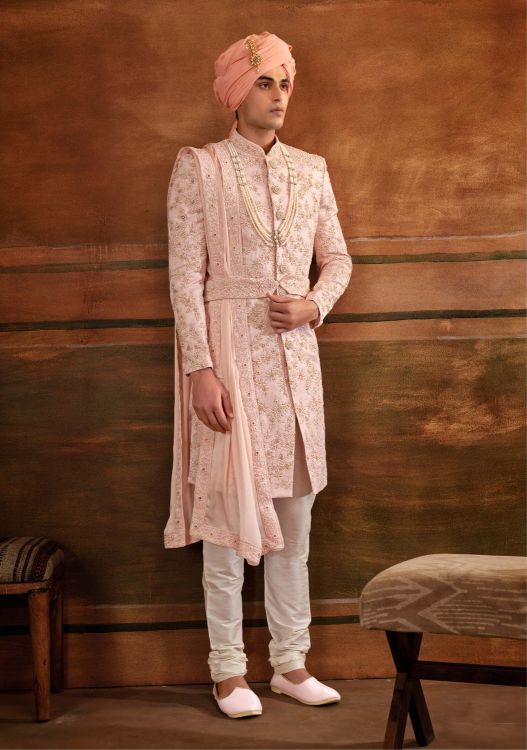 Picture of Fine Art Silk Pink Wedding Sherwani
