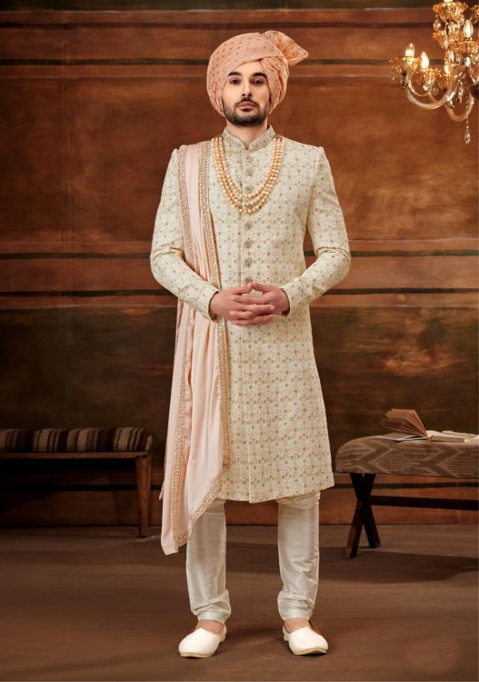 Picture of Delightful Georgette Cream Wedding Sherwani