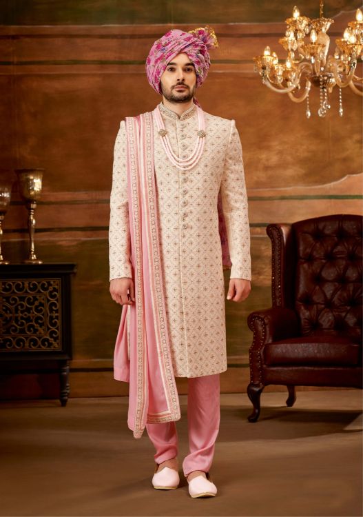 Picture of Enticing Georgette Cream Wedding Sherwani