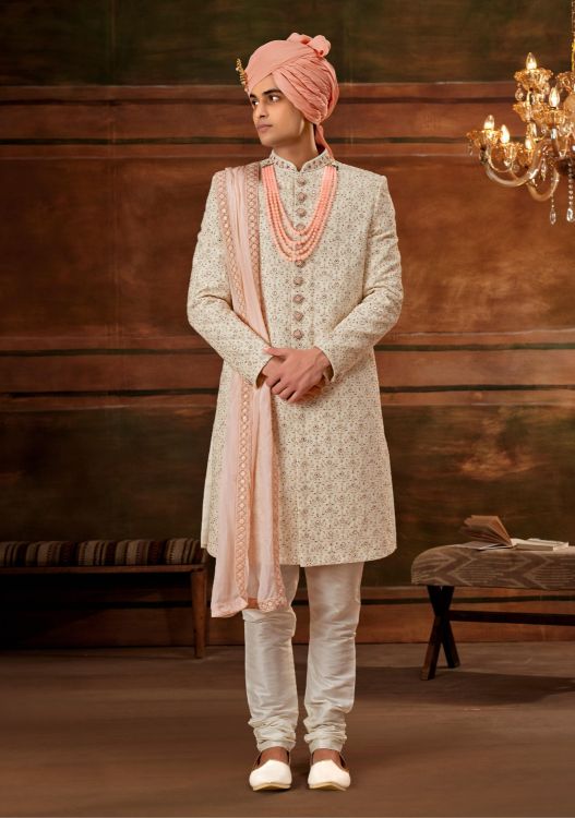 Picture of Elegant Georgette Cream Wedding Sherwani