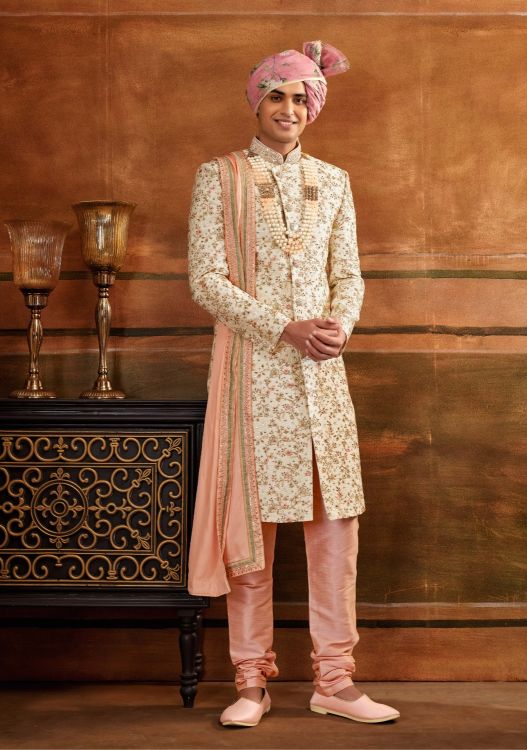 Picture of Fascinating Art Silk Cream Wedding Sherwani