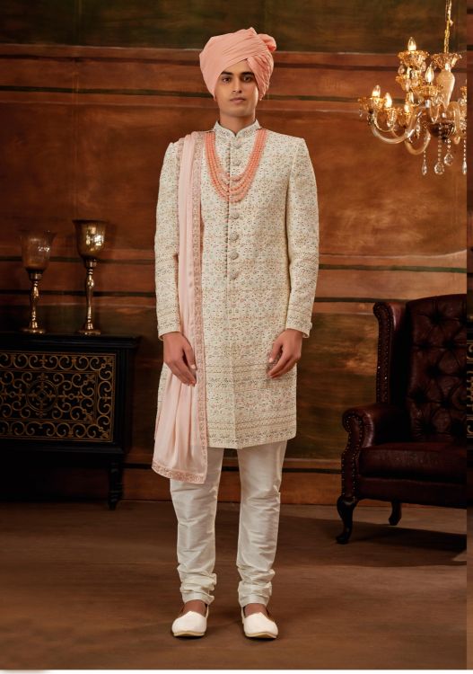 Picture of Elegant Georgette Cream Wedding Sherwani