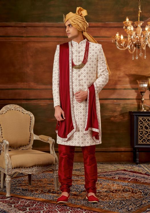 Picture of Stunning Georgette Cream Wedding Sherwani
