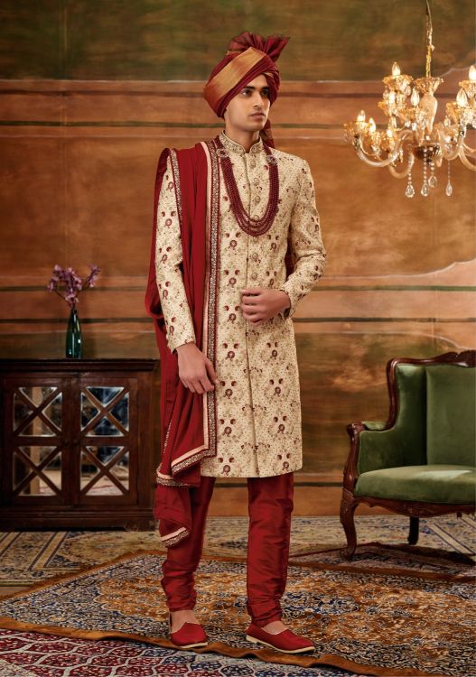 Picture of Good Looking Art Embroidered Silk Gold Wedding Sherwani