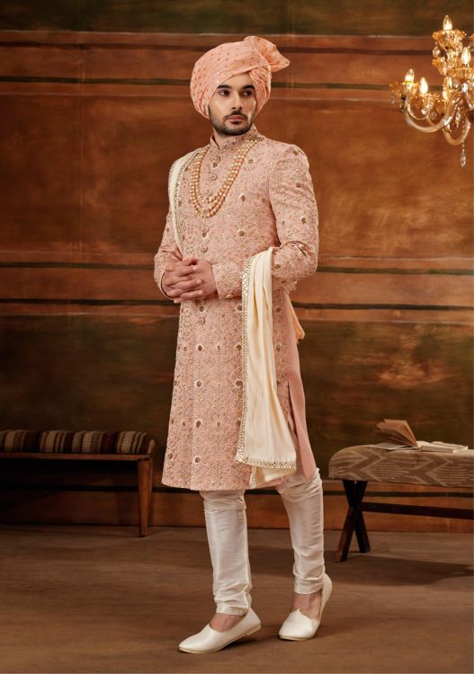 Picture of Charming Art Silk Light Pink Wedding Sherwani