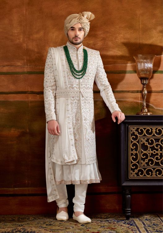 Picture of Elegant Art Silk & Jacquard White Wedding Sherwani
