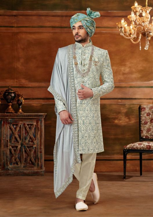 Picture of Elegant Art Embroidered Silk Off White Wedding Sherwani