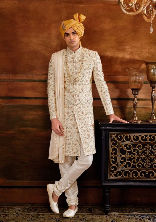 Picture of Graceful Art Silk Cream Wedding Sherwani