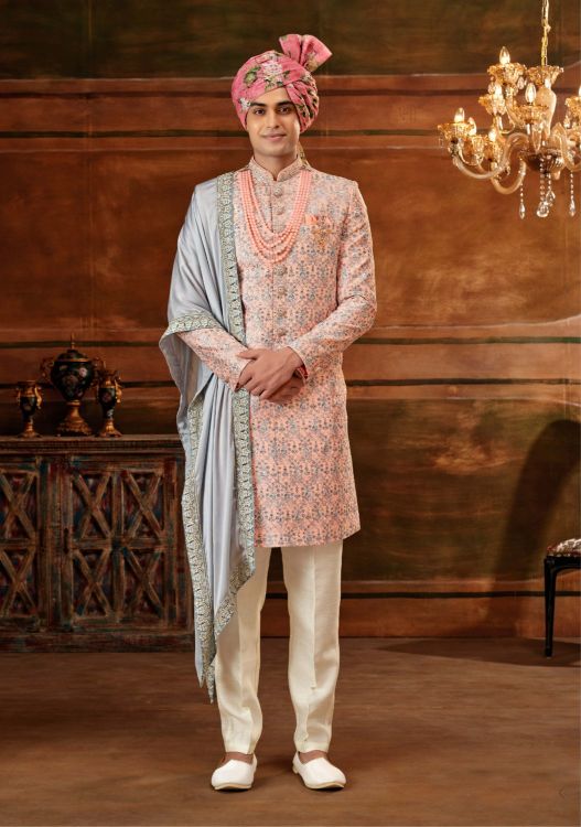 Picture of Lovely Art Embroidered Silk Light Pink Wedding Sherwani Wedding Sherwani