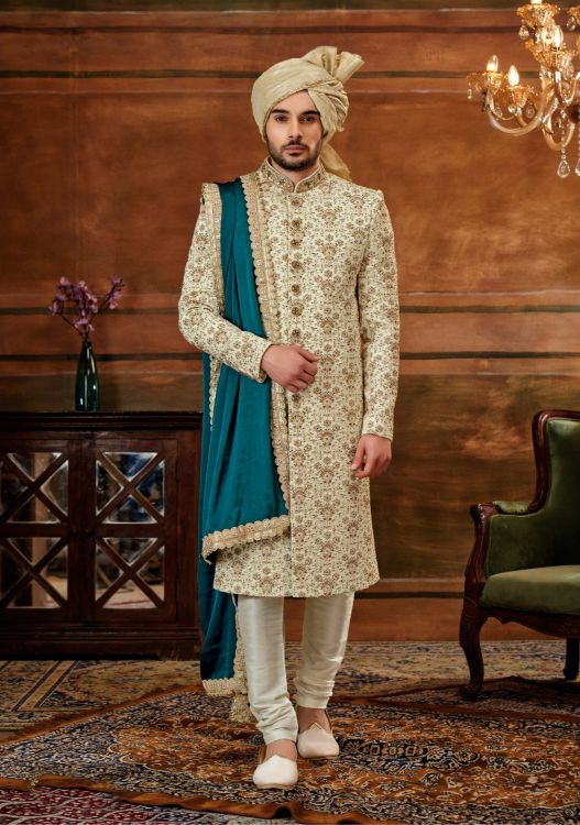 Picture of Alluring Art Embroidered Silk Cream Wedding Sherwani