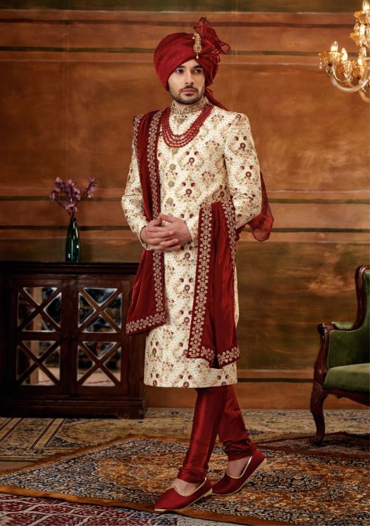 Picture of Elegant Art Embroidered Silk Cream Wedding Sherwani