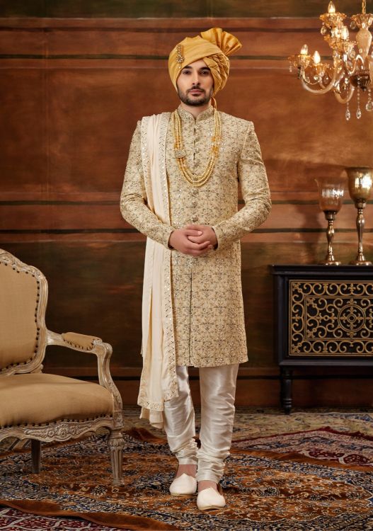 Picture of Alluring Art Silk Gold Wedding Sherwani
