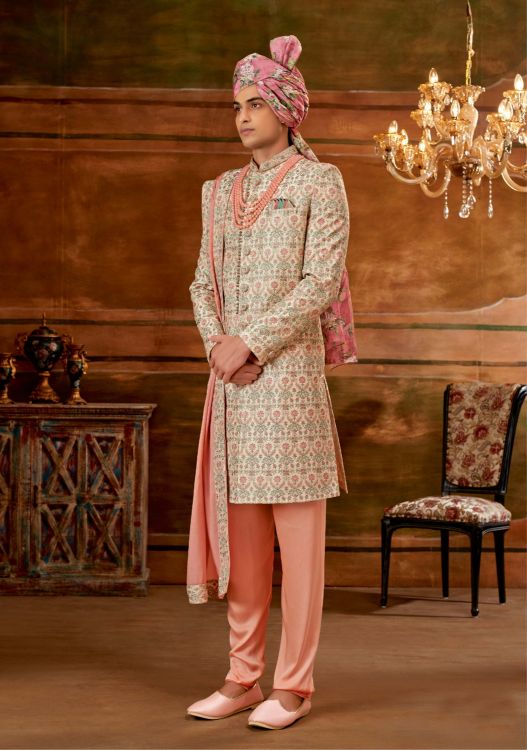 Picture of Taking Art Embroidered Silk Light Gold Wedding Sherwani