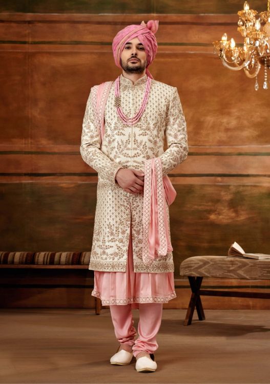 Picture of Beauteous Art Silk Cream Wedding Sherwani