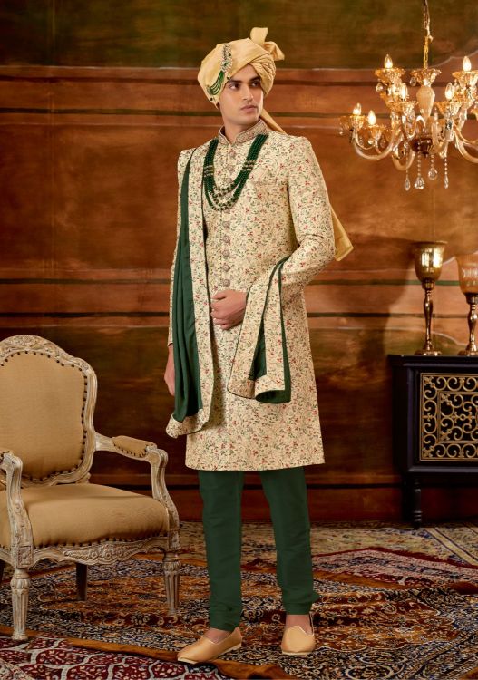 Picture of Well Formed Art Embroidered Silk Gold Wedding Sherwani