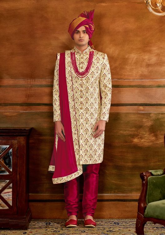 Picture of Amazing Art Embroidered Silk Cream Wedding Sherwani