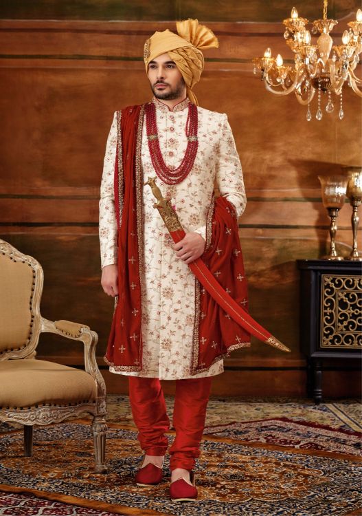 Picture of Beauteous Art Embroidered Silk Off White Wedding Sherwani