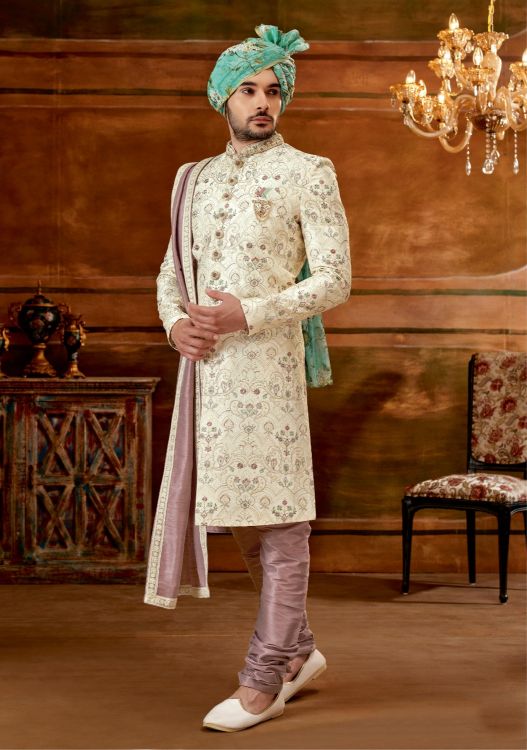 Picture of Elegant Art Embroidered Silk Cream Wedding Sherwani