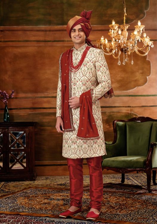 Picture of Admirable Art Embroidered Silk Cream Wedding Sherwani