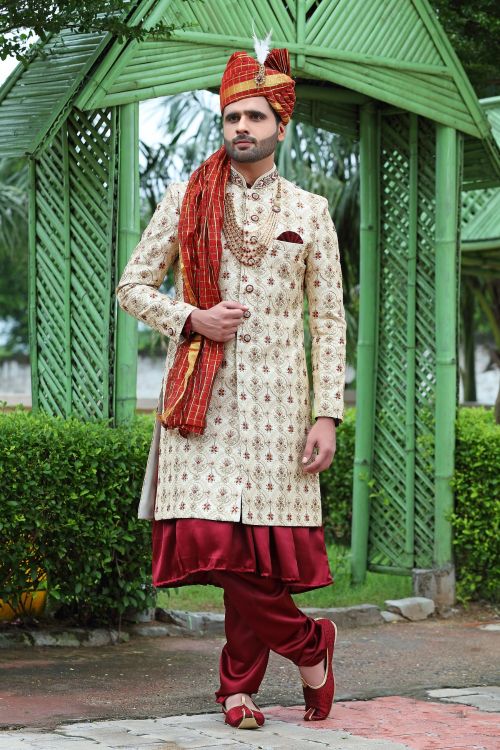 Picture of Stunning Soft Art Silk Cream Wedding Sherwani