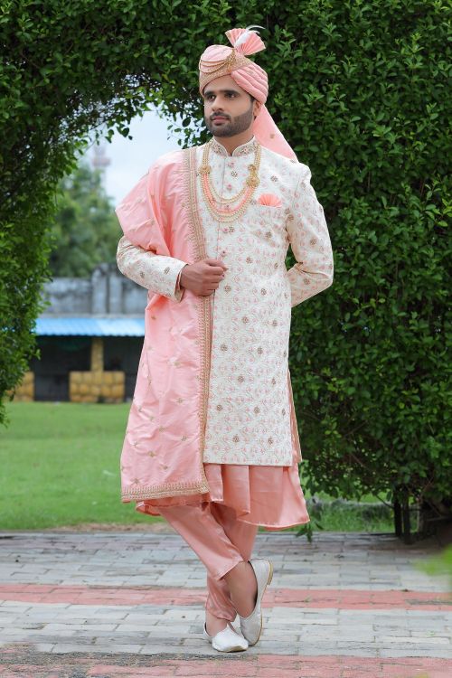 Picture of Appealing Soft Art Silk Off White Wedding Sherwani