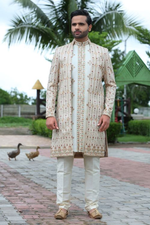 Picture of Excellent Soft Art Silk Off White Wedding Sherwani