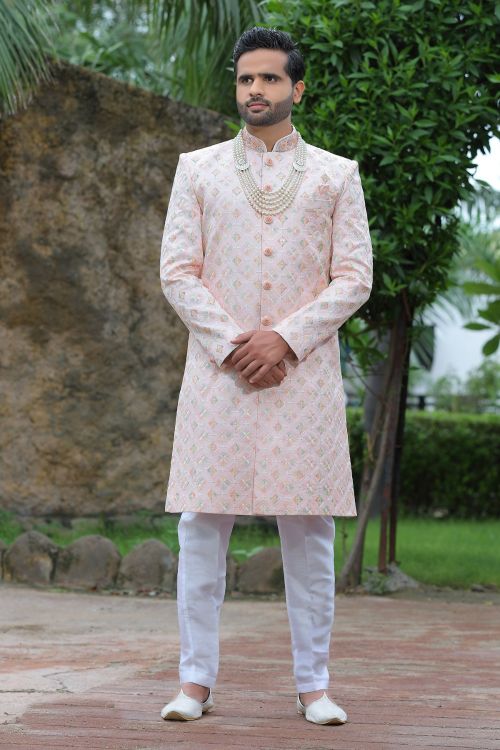 Picture of Pleasing Soft Art Silk Light Pink Wedding Sherwani