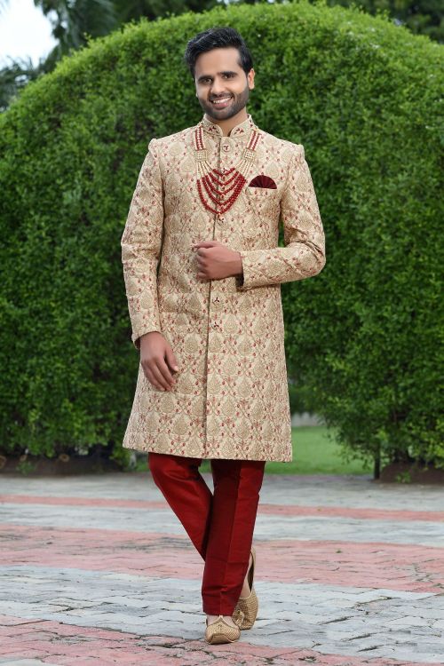 Picture of Shapely Soft Art Silk Cream Wedding Sherwani