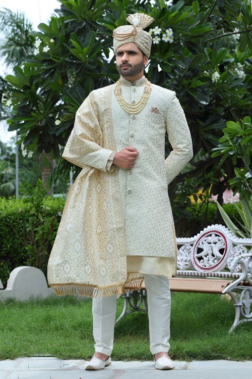 Picture of Comely Soft Art Silk Off White Wedding Sherwani