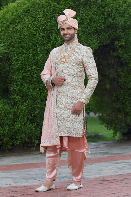 Picture of Delightful Soft Art Silk Off White Wedding Sherwani