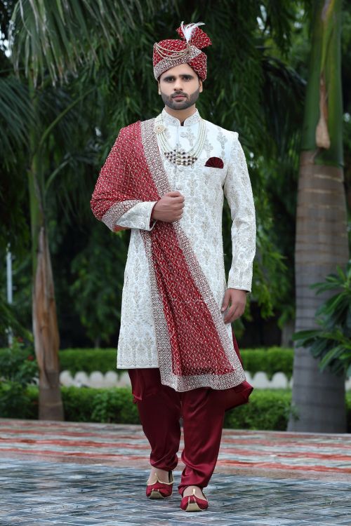 Picture of Pleasing Soft Art Silk White Wedding Sherwani