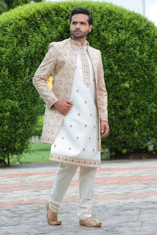 Picture of Marvelous Soft Art Silk Off White Wedding Sherwani