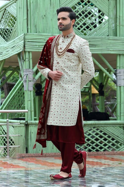 Picture of Wonderful Soft Art Silk Off White Wedding Sherwani