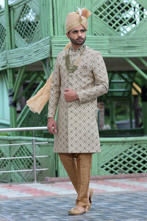 Picture of Taking Soft Art Silk Off White Wedding Sherwani